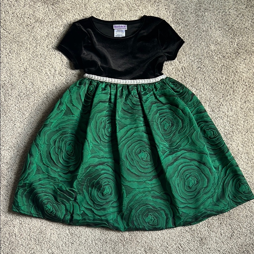 Girls Formal Dress - Black Velvet, Pearls, and Green Roses - Size 6